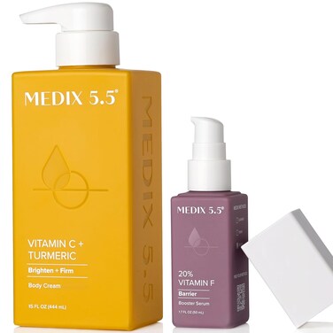Medix 5.5 Vitamin C Cream + Vitamin F Booster Serum Body Lotion Moisturizer Skin Care Set, Firming &amp; Brightening Cream Diminishes Uneven Skin Tone, Age Spots, Dry Skin, &amp; Sun Damage, 2PC Bundle