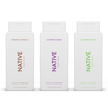 Native Body Wash Contains Naturally Derived Ingredients   for Women &amp; Men, Sulfate, Paraben, &amp; Dye Free Leaving Skin Soft &amp; Hydrated  Coconut &amp; Vanilla, Lavender Rose, &amp; Cucumber Mint, 18 oz Pack of 3