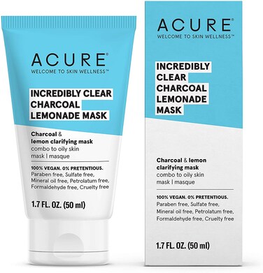 Acure Incredibly Clear Charcoal Lemonade Mask   For Oily to Normal &amp; Acne Prone Skin   Charcoal, Lemon &amp; Clay - Draws Out Impurities   1.7 Fl Oz