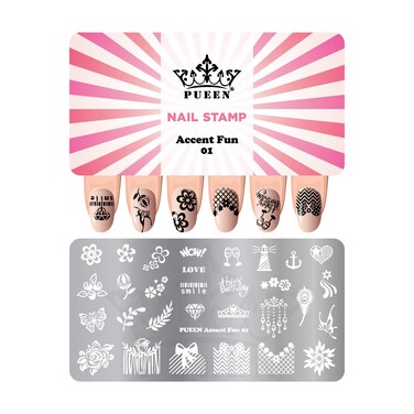 PUEEN Nail Art Stamping Plate - Accent Fun 01-125x65mm Unique Nailart Polish Stamping Manicure Image Plates Accessories DIY Nails - BH000921