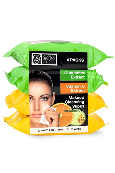 Global Beauty Care Cucumber Extract &amp; Vitamin C Makeup Cleansing Towelettes for All Skin Types, Hydrating, Brightening, Nourishing and Soothing, Packed with 3 Vitamins A, C, &amp; E 120 Ct Wipes 4 Pack