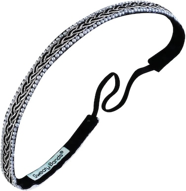 Sweaty Bands Womens Girls Headband for an Active Lifestyle - Non-Slip Grip Sweat-Wicking Velvet-Lined Braided Jeweled Hairband - Bling Twisted Black White