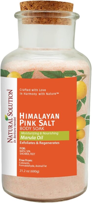 Natural Solution Himalayan Pink Salt Body Soak, Cork Jar Filled with Marula Oils Infused Crystals, Best for Relaxation of Muscles, Foot Soak - 21.2 Oz