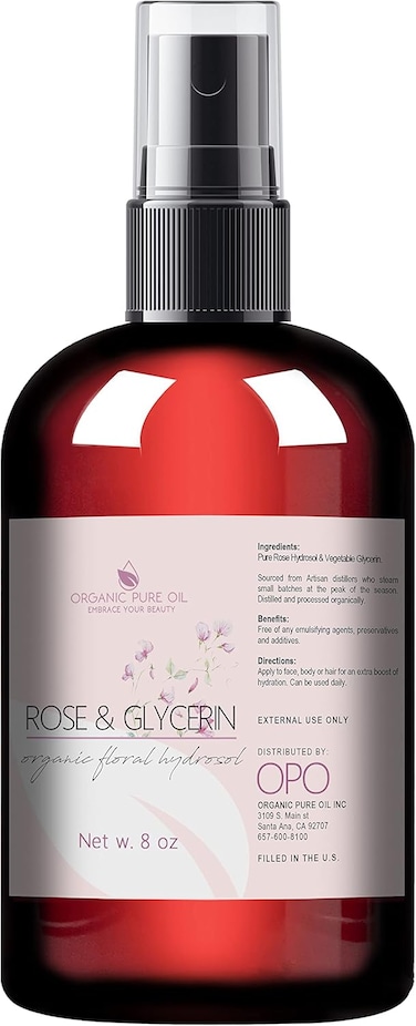 Rosewater Glycerin Mist Toner Bulk Spray Facial Body Floral Cleanser Pure Rose Hydrosol and Vegetable Glycerine Moisturizing Cleansing Toning Mix for Face Skin Hair Body (8 Ounces)