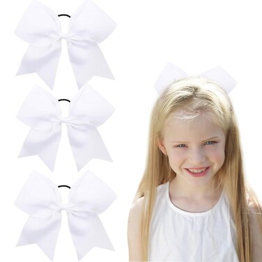 Oaoleer 8inch Jumbo Large Cheer Bows Ponytail Holder Elastic Band Handmade Boutique Hair Accessories for Cheerleading Teen Girls College Women Sports (3PCS, White)