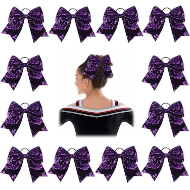 Oaoleer 12PCS 7" Large Glitter Cheer Hair Bows Ponytail Holder Elastic Band Handmade for Cheerleading Teen Girls College Sports (Purple)