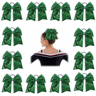 Oaoleer 12PCS 7" Large Glitter Cheer Hair Bows Ponytail Holder Elastic Band Handmade for Cheerleading Teen Girls College Sports (Green)