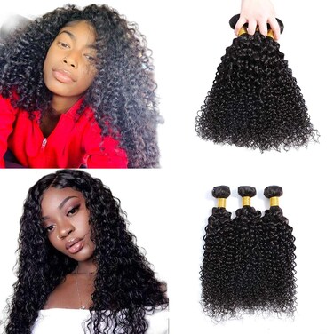 Selina 3 Kinky Curly Human Hair Bundles - 14 inch Curly Unprocessed Remy Hair Extensions, Brazilian Virgin, 100 Gram/Bundle, Natural Color
