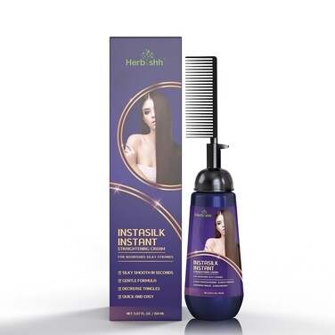 Herbishh Instant Hair Straightener Cream with Applicator Comb Brush &ndash; Straightening in Seconds &ndash; Smooths Curls, Tangles &amp; Frizz &ndash; Completely Straight Hair Treatment &ndash; Gentle Ingredients &ndash; 150 ml