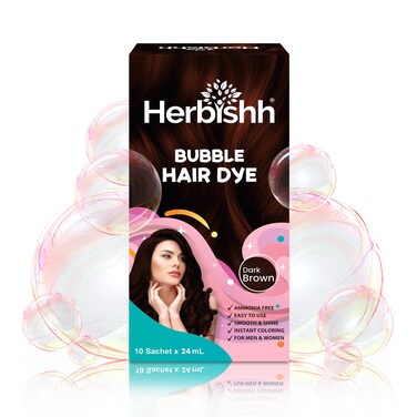 Herbishh Bubble Foam Hair Dye Shampoo, 3 in 1 Dye for 100% Grey Coverage, Permanent Hair Coloring for Men &amp; Women, Long-lasting &amp; Travel-friendly, Ammonia-free, 10 Sachet x 24 ml (Dark Brown)