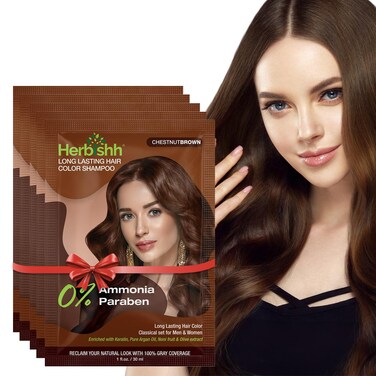 Herbishh Travel Pack Hair Dye Color Shampoo in Sachet + 1pc Argan Hair Mask Sachet (Chestnut brown, 5 sachets)