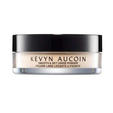 Kevyn Aucoin Smooth &amp; Set Loose Powder with Puff: Universal shade, all skin types &amp; tones. Sheer, lightweight, blends well, blurs imperfections, reduces shine. Makeup artist go to for even skin finish