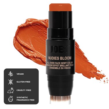 Nudestix Nudies Bloom Dewy and Radiant Cream Blush 3-in-1 All Over Face Colour For Cheeks, Eyes and Lips w/Blending Brush (Rusty Rouge)