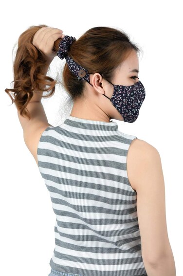 LOFBAZ Women's Hair Scrunchies with Buttons For Face Mask Ear Savers Protection Scrunchie Bow Ties Ponytail Accessories Floral Navy OS