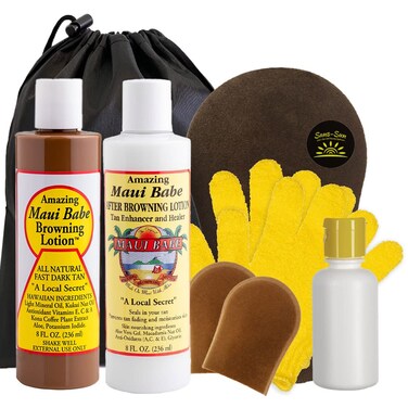 Maui Babe Browning Lotion 8oz &amp; Maui Babe After Browning Lotion 8oz (9 Pc Deluxe Maui Babe Package) Outdoor Tanner &amp; After Sun Enhancer Lotion Kit with Tanning Mitts, Travel Bottle, Draw String Bag &amp;