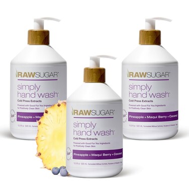 RAW SUGAR Simply Hand Wash, 16.9 Fl Oz (Pack of 3) Pineapple + Maqui Berry + Coconut Liquid Hand Soap for Kitchen or Bathroom, Cleanses &amp; Refreshes Hands, Formulated without Sulfates &amp; Parabens