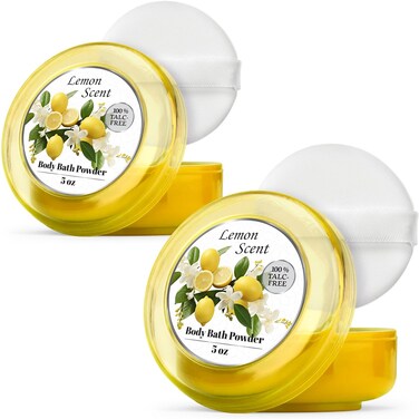 R-NEU Body Powder for Women with Powder Puff, 100% Talc-Free, Luminous Lemon Scented Dusting Powder, After Bath for Soft Skin, Extra Large, 2 Pack (10oz)