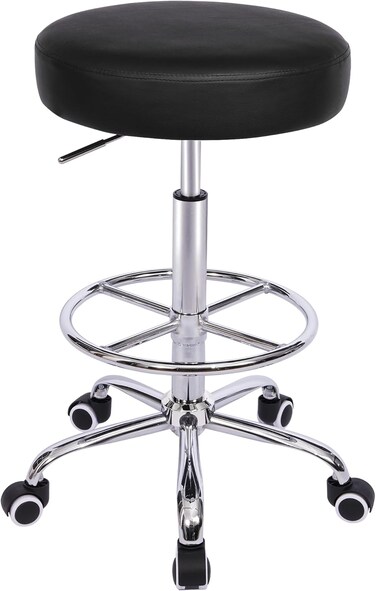 VECELO Round Rolling Stool with Footrest and Wheels, Easy Assembly PU Leather Height Adjustable Drafting Swivel Chair for Spa Salon, Office, Medical, Beauty, Bar, Lab