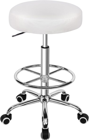 VECELO Round Rolling Stool with Footrest and Wheels, Easy Assembly PU Leather Height Adjustable Drafting Swivel Chair for Spa Salon, Office, Medical, Beauty, Bar, Lab, White