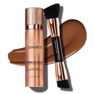 LUMINESS Silk Airbrush Spray Foundation &amp; Buffing Brush Kit &ndash; Full Coverage Foundation &amp; Dual-Sided Buffing Brush - Buildable Coverage, Anti-Aging Formula Hydrates &amp; Moisturizes (Shade - Deep)