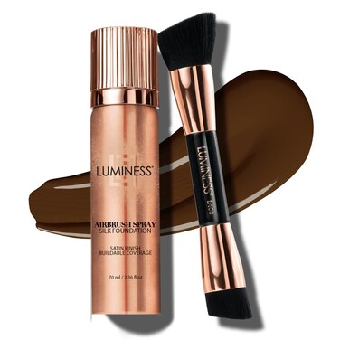 LUMINESS Silk Airbrush Spray Foundation &amp; Buffing Brush Kit &ndash; Full Coverage Foundation &amp; Dual-Sided Buffing Brush - Buildable Coverage, Anti-Aging Formula Hydrates &amp; Moisturizes (Shade - Deep Rich)