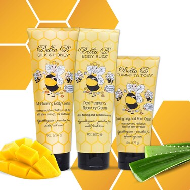 Bella B Bundle: Silk &amp; Honey Body Cream 8oz and Body Buzz Post Pregnancy Recovery Cream 8oz and Tummy to Toes Leg &amp; Foot Cream 6oz