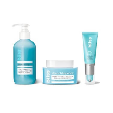 Bliss Skincare Essentials Skincare Kit - Eye Do All Things Hydrating Eye Gel, Drench &amp; Quench Hyaluronic Acid Face Moisturizer &amp; 2-in-1 Foaming Facial Cleanser and Exfoliator