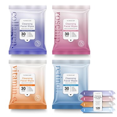 My Beauty Spot 4 Pack Face Wipes for Women Cleansing Makeup Remover Wipes with Vitamin C, Collagen, Retinol, Rosehip Oil - 120 Pcs Face Cleansing Wipes