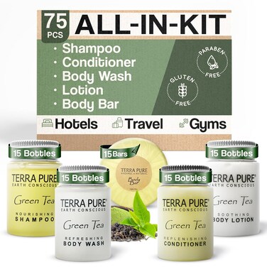 Terra Pure Hotel Soaps and Toiletries Bulk Set   1-Shoppe All-In-Kit Amenities for Hotels   1oz Hotel Shampoo &amp; Conditioner, Body Wash, Body Lotion &amp; 1.25oz Bar Soap Travel Size Toiletries   75 Pieces