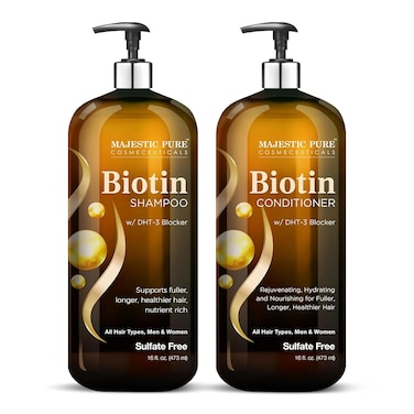 MAJESTIC PURE Biotin Shampoo and Conditioner Set with DHT Blocker Complex - Hydrating, Nourishing &amp; Supporting Healthy Hair, Sulfate Free, for Men &amp; Women - 16 fl oz each