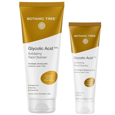Glycolic Acid Face Wash, Exfoliating Facial Cleanser For Facial Skin Care, Acne Treatment Face Scrub, 10% Glycolic and Salicylic Acid 6 fl. oz - Botanic Tree (Pack of 2 - Buy 1 Get 1 Travel Size)