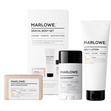 MARLOWE. Men's Grooming Santal Body Set, Features No. 102 Scrub Soap Bar, No. 024 Deodorant &amp; No. 002 Body Lotion, Warm Amber, Sandalwood &amp; Citron Scent