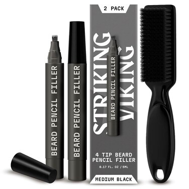 Striking Viking 2 Pack Beard Pencil Filler for Men with 4 Tips (Medium Black) - Fill, Shape &amp; Define with this Long-Lasting, Waterproof Beard Pen Kit Including Brush