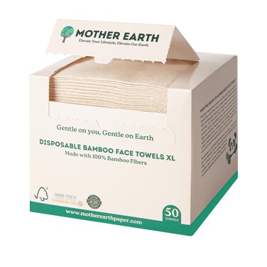 MOTHER EARTH Bamboo Face Towels XL - Hypoallergenic and Disposable Face Wipes   Dry Makeup Removers   Made from Bamboo Viscose   Extra Soft for Sensitive Skin   50 Towels