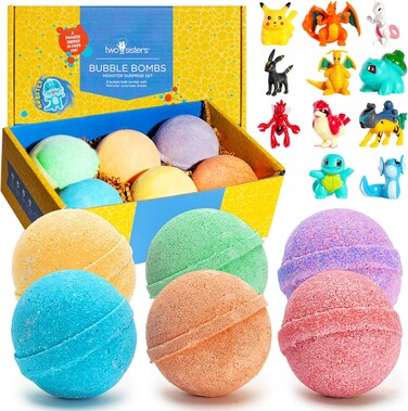 Poke Monster Bath Bombs for Kids with Surprise Toys Inside (6 Pack) - Large Bubble Bomb for Boys &amp; Girls - Fruity Scents, Made in USA, Skin-Safe, Stain-Free - Perfect Children Gift by Two Sisters