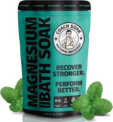 Coach Soak: Recovery Bath Soak - Absorbs Faster Than Epsom Salt Bath Soak for Pain &ndash; Rejuvenating Post Workout Magnesium Flakes -21 Minerals, Essential Oils &amp; Bath Salts (Cooling Peppermint)