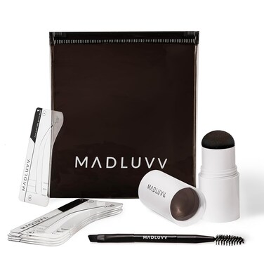 MADLUVV Eyebrow Stencil Kit - Easy-to-Use, Natural Look, 9 Popular Shapes, Used by Professionals - Includes Stamp, Stencils, Spoolie, and Travel Bag (Medium Brown)