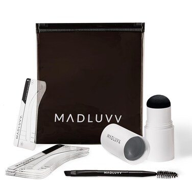 MADLUVV Eyebrow Stencil Kit - Easy-to-Use, Natural Look, 9 Popular Shapes, Used by Professionals - Includes Stamp, Stencils, Spoolie, and Travel Bag (Dark Grey)