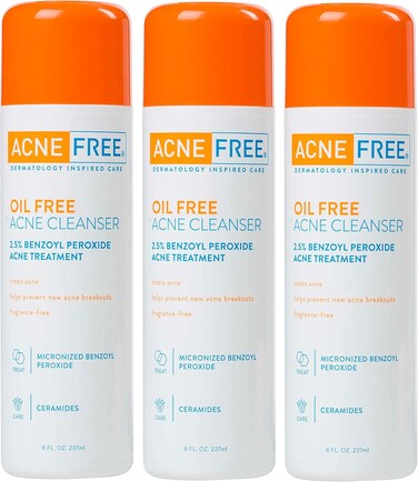 AcneFree Oil-Free Acne Cleanser for Oily Skin and Acne Prone Skin Formulated with Benzoyl Peroxide 2.5%, helps Clear Blemishes and Nourish Skin, 8 Fl Oz (Pack of 3)