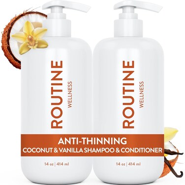 Routine Wellness Anti-Thinning Shampoo and Conditioner Set for Thinning Hair - Biotin DHT Blocker Women &amp; Men - Color Safe Shampoo for Hair Loss &amp; Healthier Growth - Coconut &amp; Vanilla (Pack of 2)