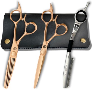 Saki Gold Professional Set of Hair Shears - 6 Inch Set Includes Gold Hair Scissors, Thinning Shears and Razor and Leather Carrying Case