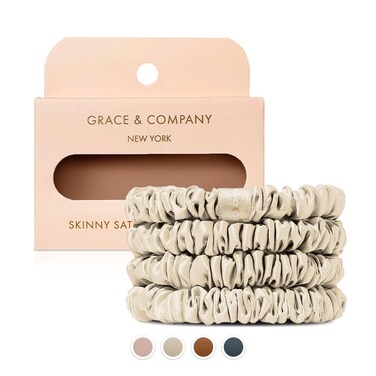 Grace &amp; Company Silky Satin Scrunchies for Women - Premium Satin Silk Scrunchies, No-Crease Hair Ties for Curly, Thick or Fine Hair - 4pk Skinny, Oeko-Tex Certified Satin Gold Scrunchies - Opal