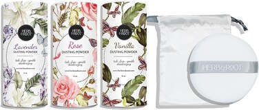 Herb &amp; Root Body Powder Gift Set, 3 Talc-Free Scents: Lavender, Rose, Vanilla, Large Puff