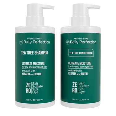 Moisturize Dry Hair with Biotin and Keratin-Infused Tea Tree Shampoo and Conditioner Set by Daily Perfection Professional Series. Salt-Free, Sulfate-Free, Paraben-Free for Lasting Hydration.