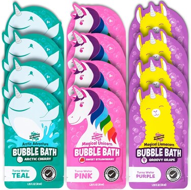 Tub Works&reg; Magical Kids Bubble Bath, Variety 12 Pack   Creates Colorful Bath Water &amp; Tons of Foam Bath Bubbles   Nontoxic   Character-Themed Bubble Bath for Kids Bath   Pink, Purple &amp; Teal Bath Colors