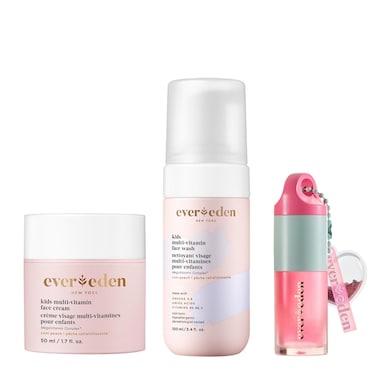 Evereden Happy Kids Skin &amp; Lips Routine - Multi-Vitamin Face Wash &amp; Face Cream Peach &amp; Tinted Lip Oil Sakura Pink Set - Clean &amp; Vegan Skin Care for Kids 3+ - Moisturizing, Nourishing, &amp; Protective