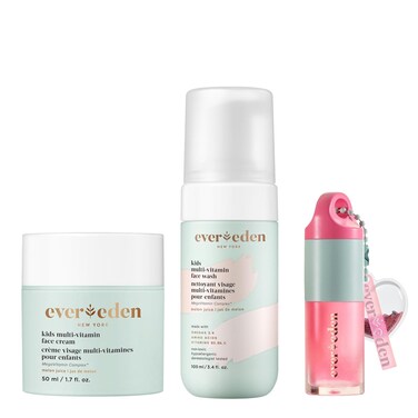 Evereden Happy Kids Skin &amp; Lips Routine - Multi-Vitamin Face Wash &amp; Face Cream Melon &amp; Tinted Lip Oil Sakura Pink Set - Clean &amp; Vegan Skin Care for Kids 3+ - Moisturizing, Nourishing, &amp; Protective