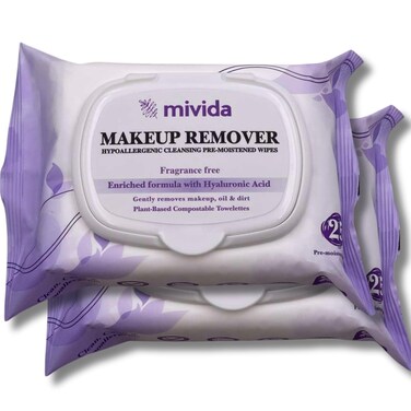 mivida Hypoallergenic Makeup Remover Wipes   2 Pack of 25 Count   Biodegradable Facial Cleansing Makeup Remover Face Wipes with Hyaluronic Acid, Fragrance Free, Alcohol Free, Plant Based Wipes