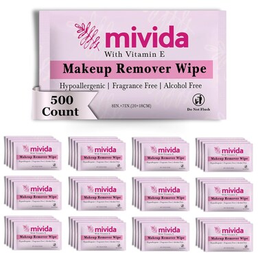 mivida 500 Count Bulk Individually Wrapped Makeup Remover Wipes with Vitamin E   Hypoallergenic, Fragrance-Free, Alcohol-Free makeup wipes   Bulk single make up removing wipes