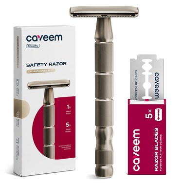Double-Edge Safety Razor, Single-Blade Razors with 5 Stainless Steel Razor Blades for Men and Women, Reusable Metal Razor &ndash; Champagne Matt